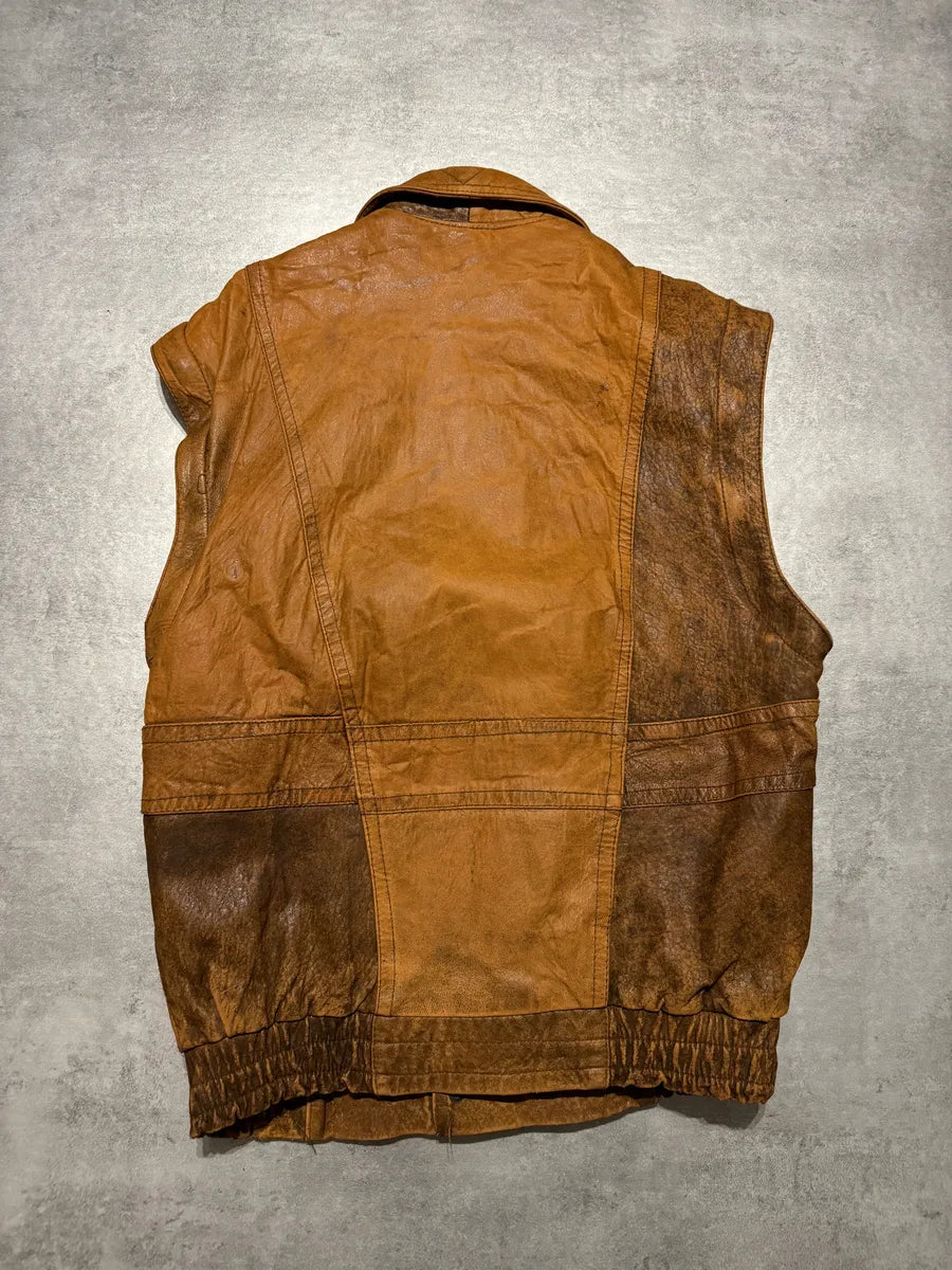 1990s Artisanal French Eroded Brown Leather Jacket with Detachable Sleeves pBeRCLx 8
