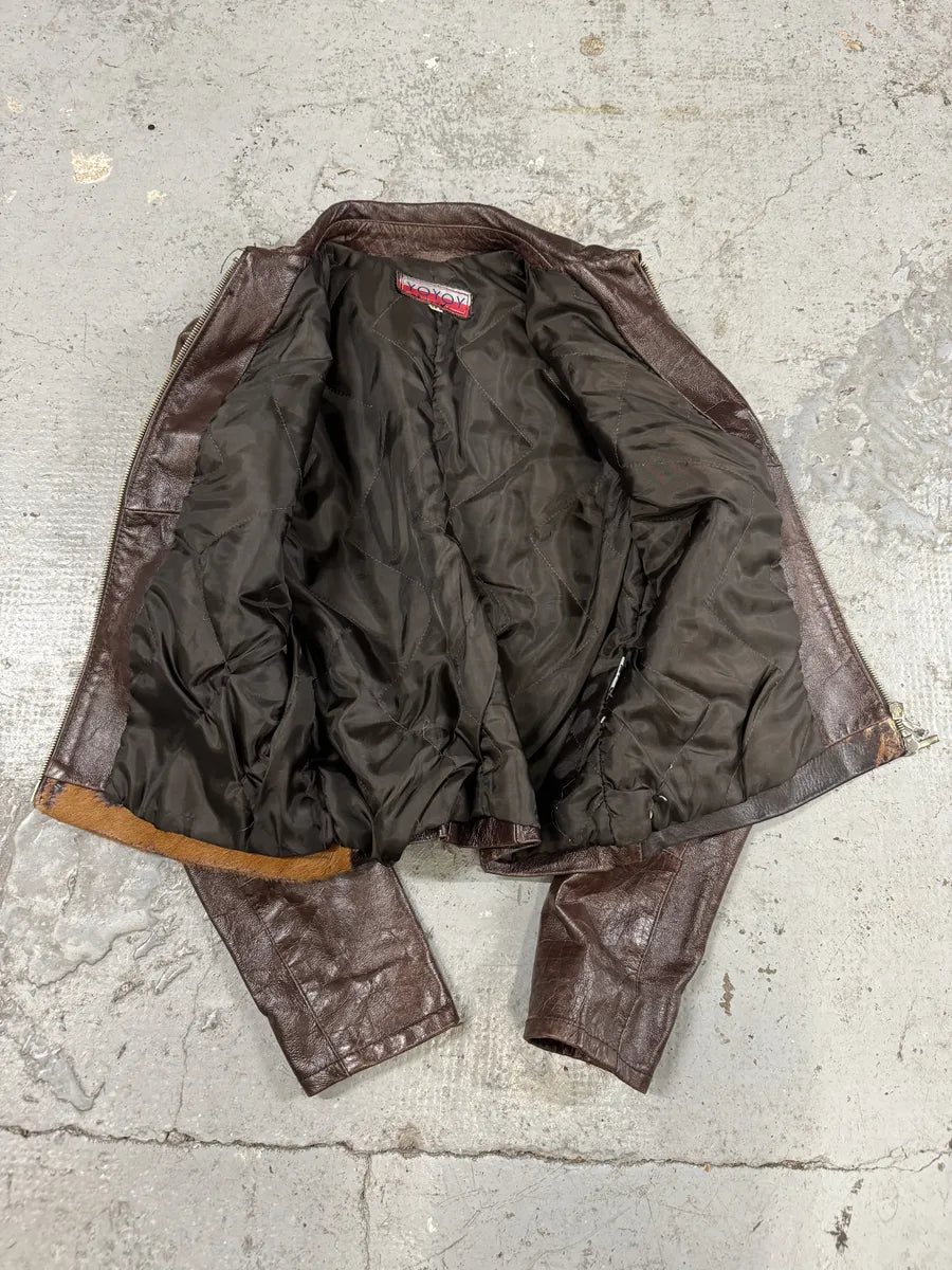 1990s Artisanal Italian Pony Hair Brown Leather Jacket (M) RsaCRdF 8