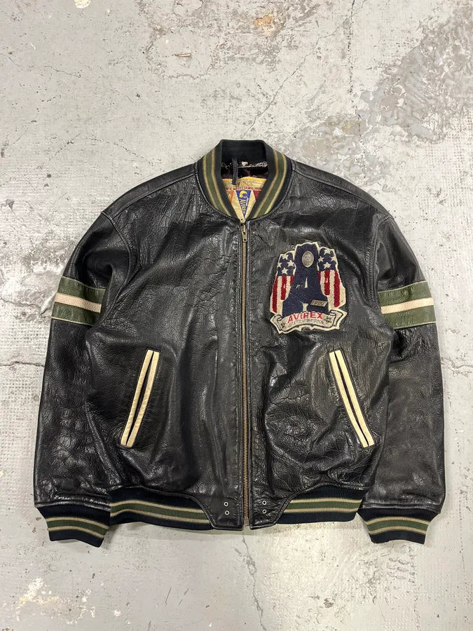 1990s Avirex Black Leather Bomber Jacket vqMHfLo 0