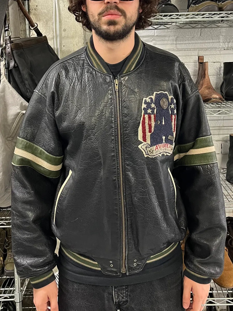 1990s Avirex Black Leather Bomber Jacket vqMHfLo 1