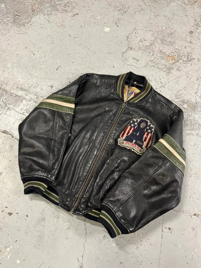 1990s Avirex Black Leather Bomber Jacket vqMHfLo 3