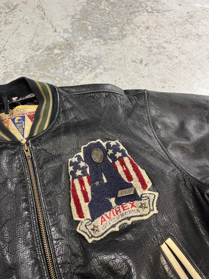 1990s Avirex Black Leather Bomber Jacket vqMHfLo 6