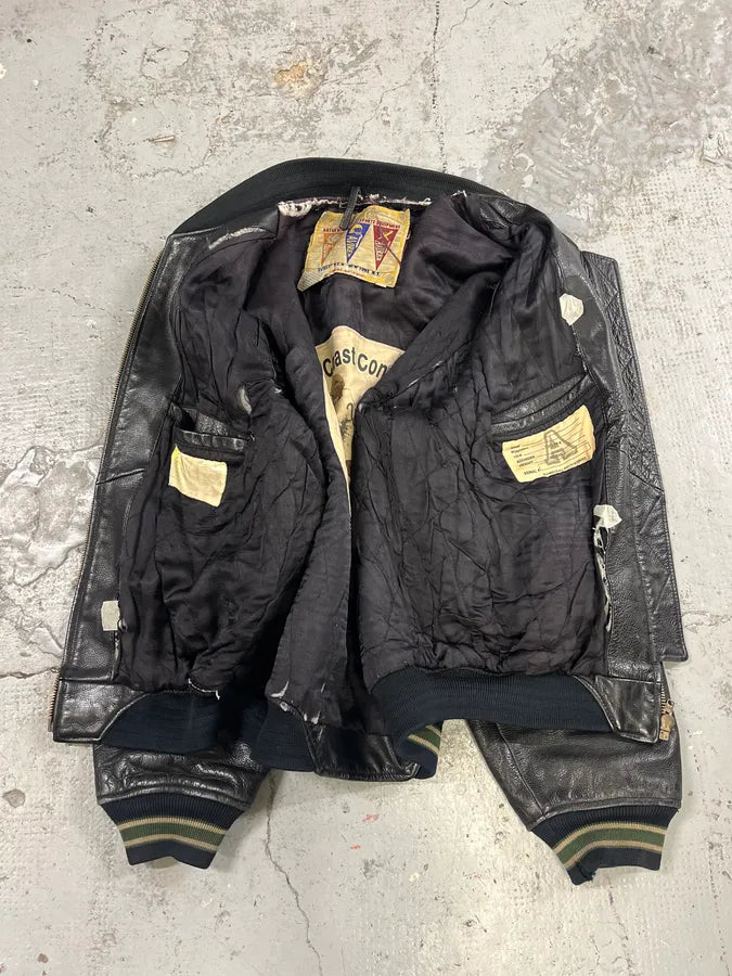 1990s Avirex Black Leather Bomber Jacket vqMHfLo 8