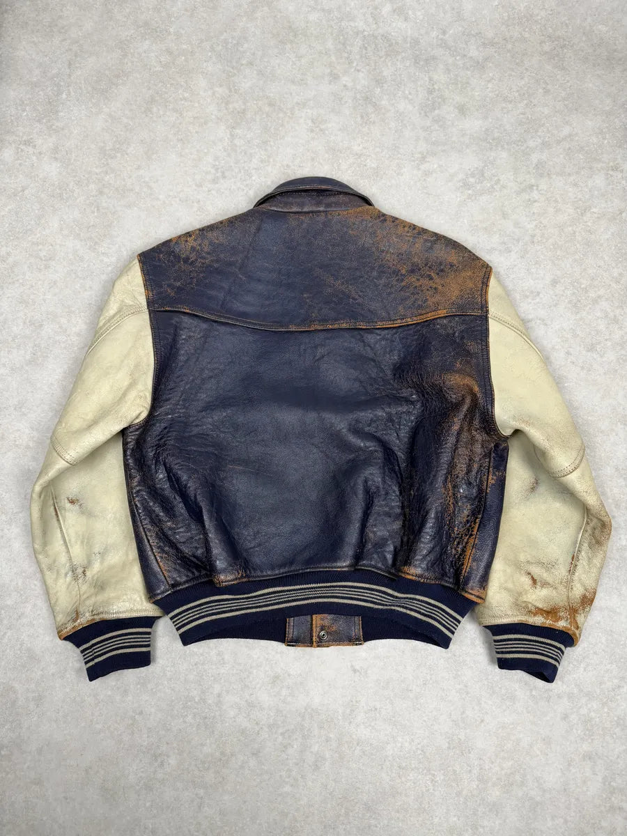 1990s Avirex Brown & White Leather Pilot Varsity Bomber Jacket weIhAPs 1