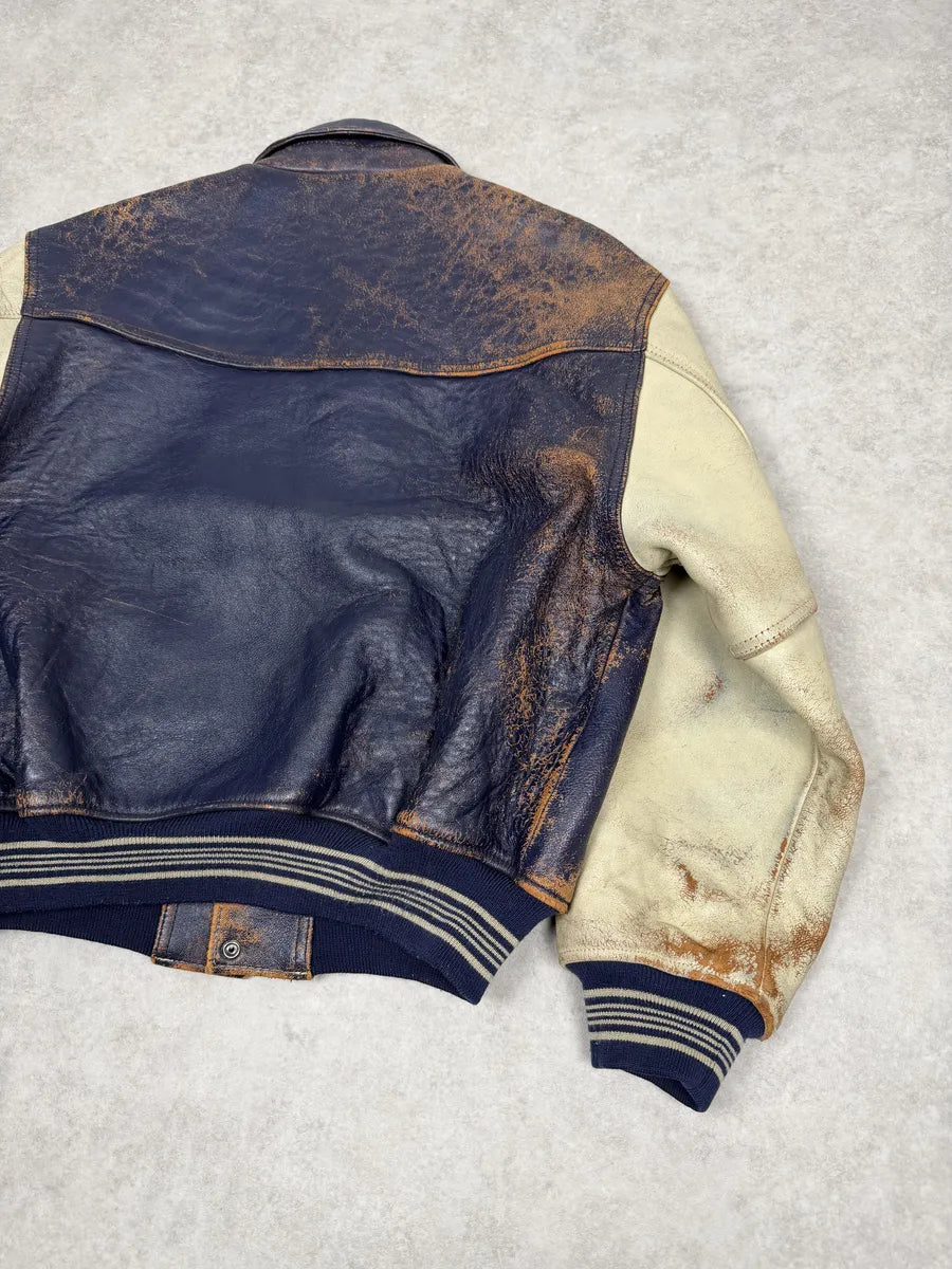 1990s Avirex Brown & White Leather Pilot Varsity Bomber Jacket weIhAPs 10