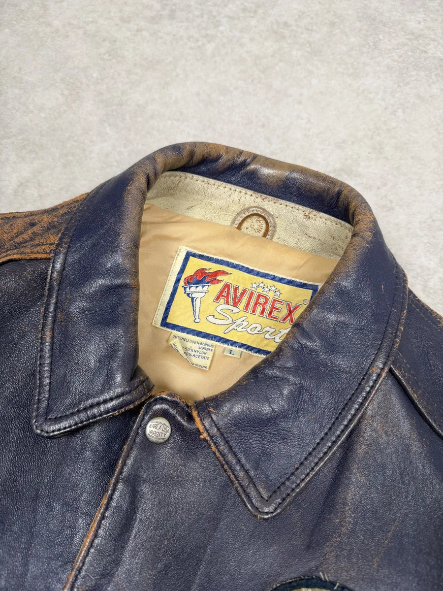 1990s Avirex Brown & White Leather Pilot Varsity Bomber Jacket weIhAPs 11