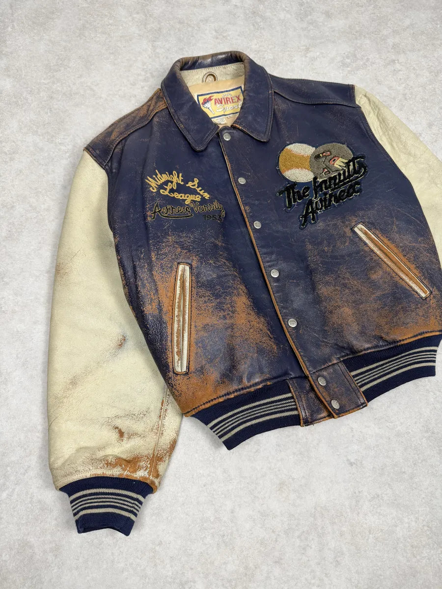 1990s Avirex Brown & White Leather Pilot Varsity Bomber Jacket weIhAPs 12