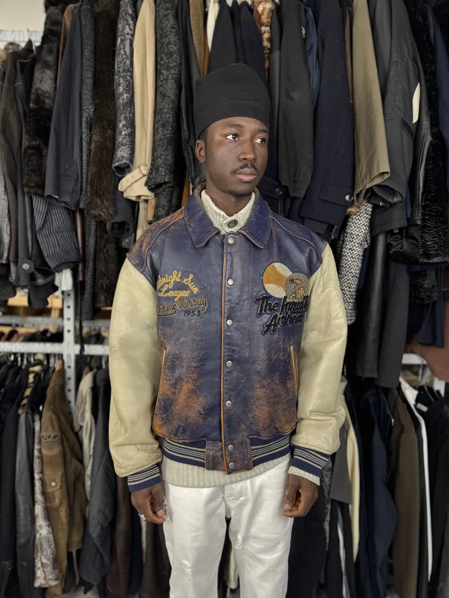 1990s Avirex Brown & White Leather Pilot Varsity Bomber Jacket weIhAPs 2