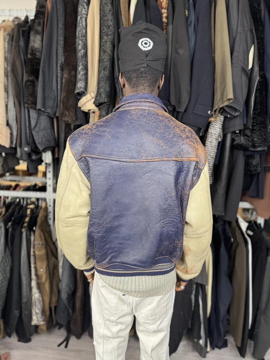 1990s Avirex Brown & White Leather Pilot Varsity Bomber Jacket weIhAPs 3