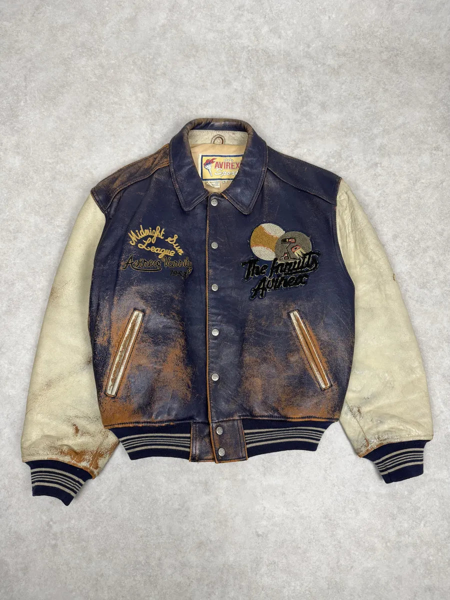 1990s Avirex Brown & White Leather Pilot Varsity Bomber Jacket weIhAPs 4