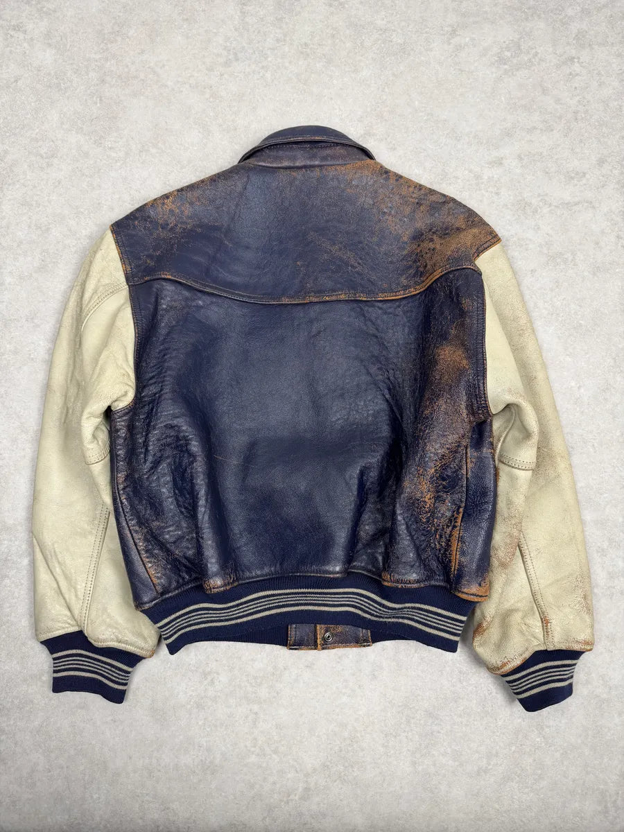 1990s Avirex Brown & White Leather Pilot Varsity Bomber Jacket weIhAPs 5