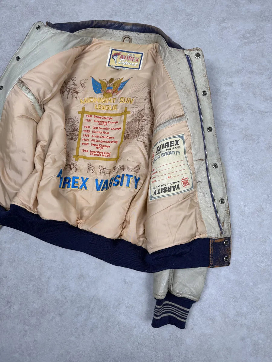 1990s Avirex Brown & White Leather Pilot Varsity Bomber Jacket weIhAPs 6