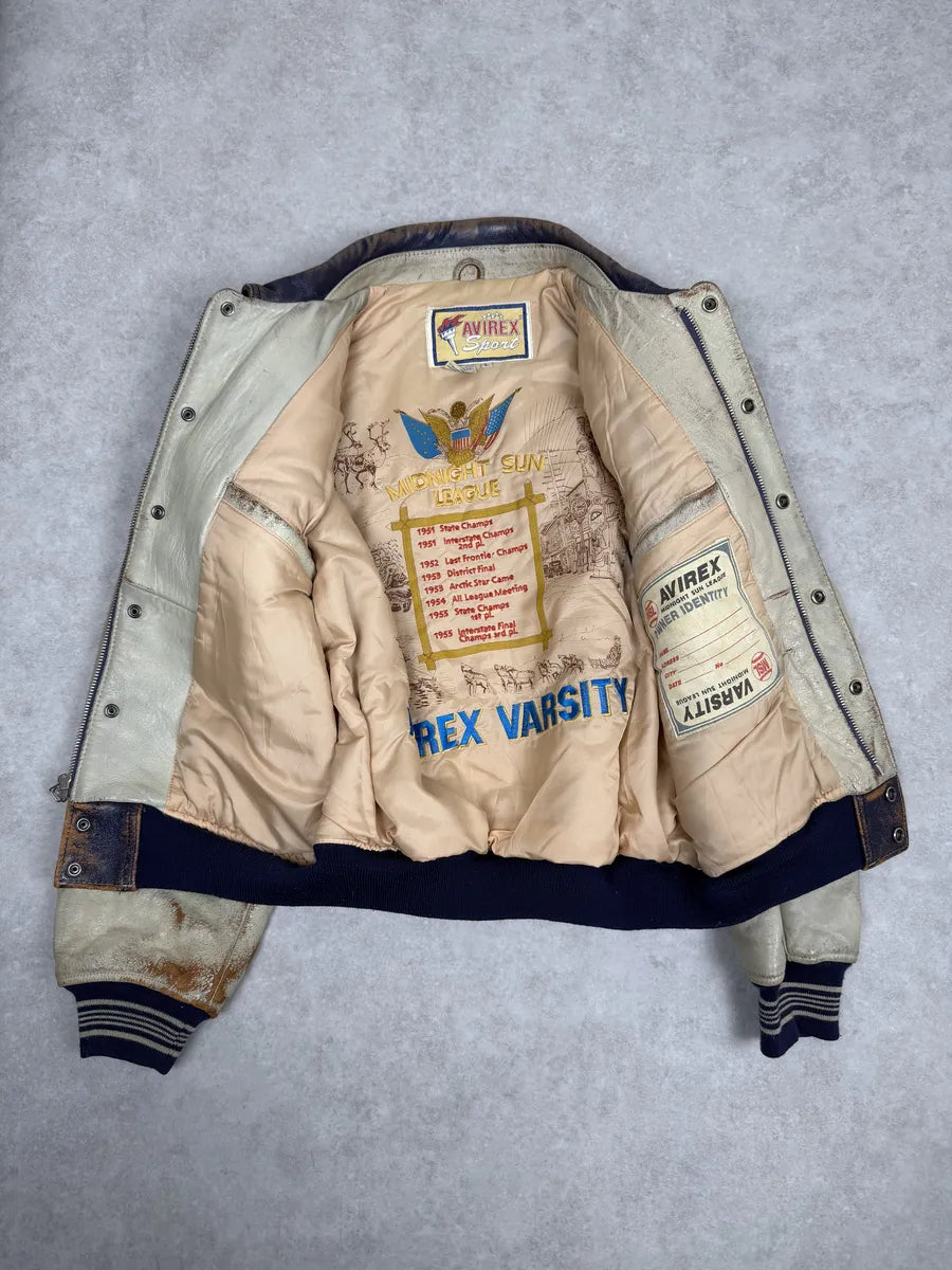 1990s Avirex Brown & White Leather Pilot Varsity Bomber Jacket weIhAPs 7