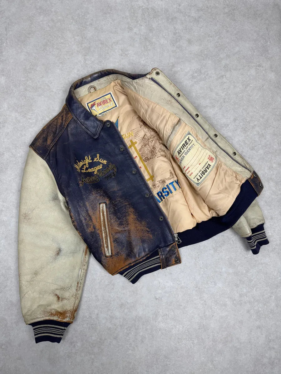 1990s Avirex Brown & White Leather Pilot Varsity Bomber Jacket weIhAPs 8