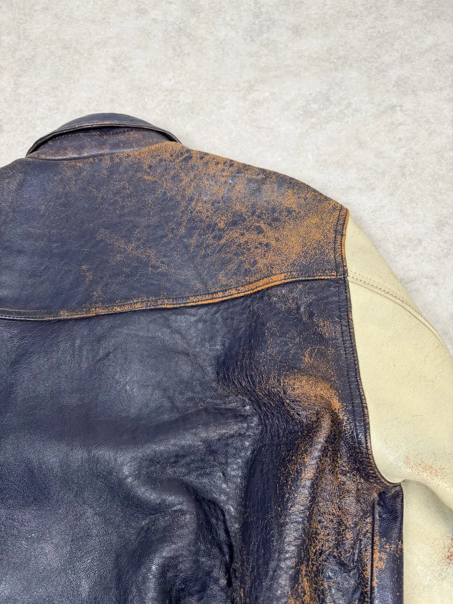 1990s Avirex Brown & White Leather Pilot Varsity Bomber Jacket weIhAPs 9