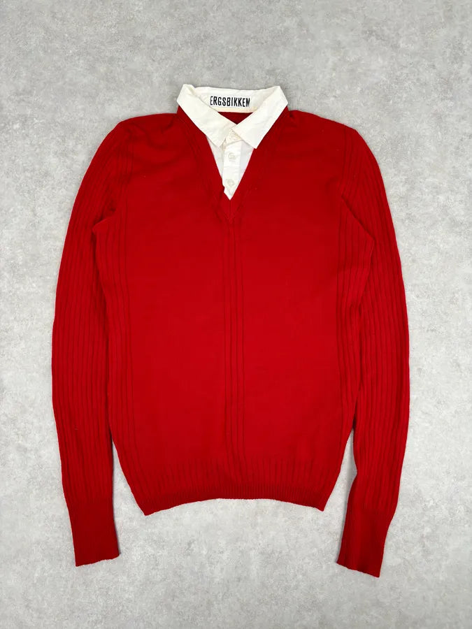 AW2009 Bikkembergs Red V-Neck Wool Collar Sweater YBKcRIW 0