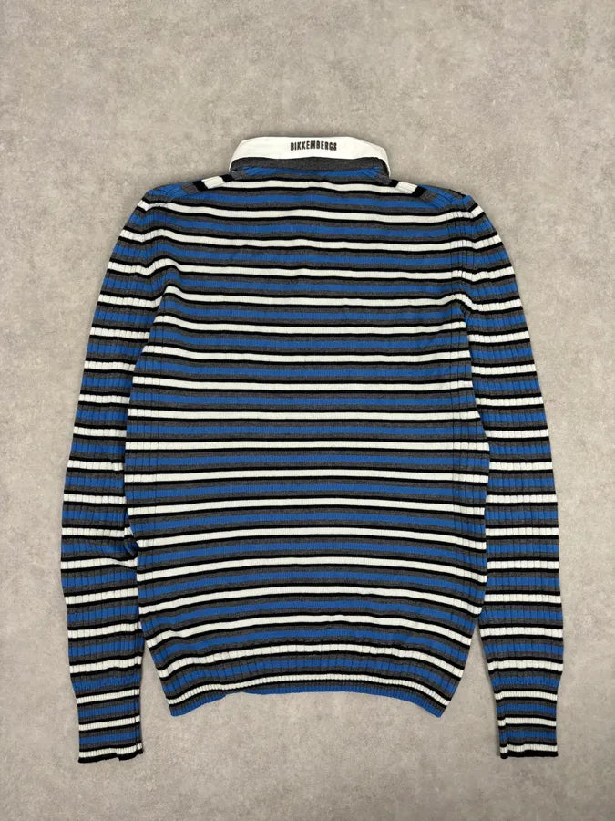 2000s Bikkembergs Blue Striped V-Neck Sweater Wool Collar ONAQAXG 4
