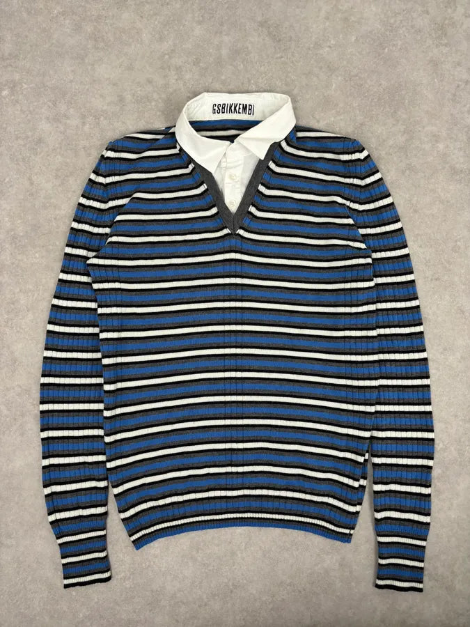 2000s Bikkembergs Blue Striped V-Neck Sweater Wool Collar ONAQAXG 0