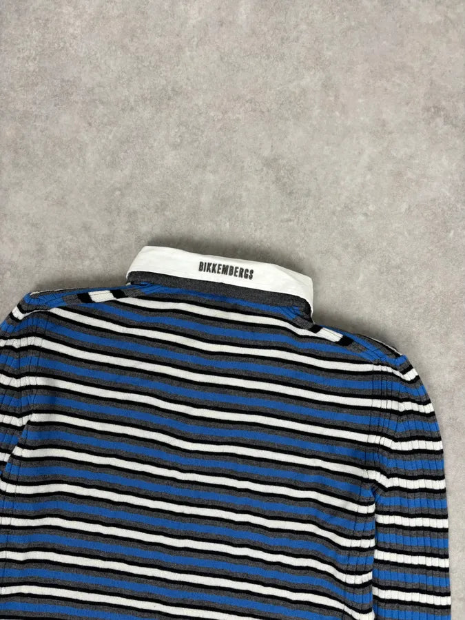 2000s Bikkembergs Blue Striped V-Neck Sweater Wool Collar ONAQAXG 5