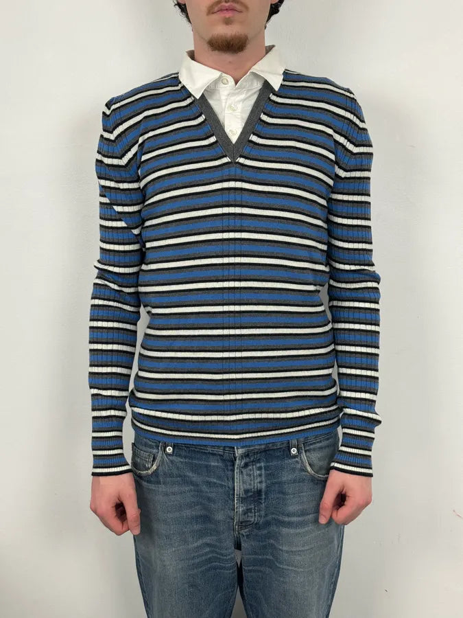 2000s Bikkembergs Blue Striped V-Neck Sweater Wool Collar ONAQAXG 1