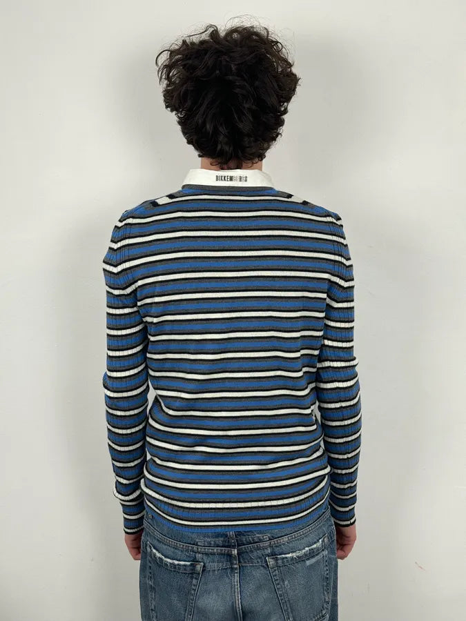 2000s Bikkembergs Blue Striped V-Neck Sweater Wool Collar ONAQAXG 2