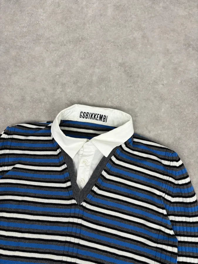 2000s Bikkembergs Blue Striped V-Neck Sweater Wool Collar ONAQAXG 3