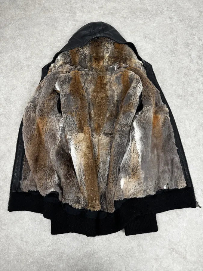 1990s Black Italian Leather Fur Hooded Jacket VRcpZXB 6