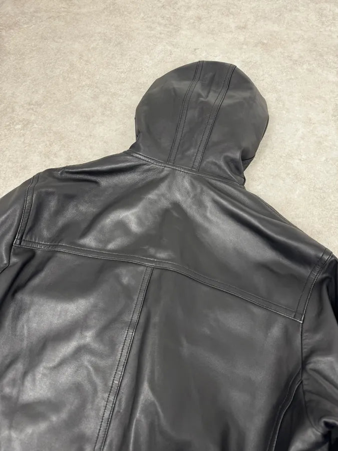 1990s Black Italian Leather Fur Hooded Jacket VRcpZXB 5