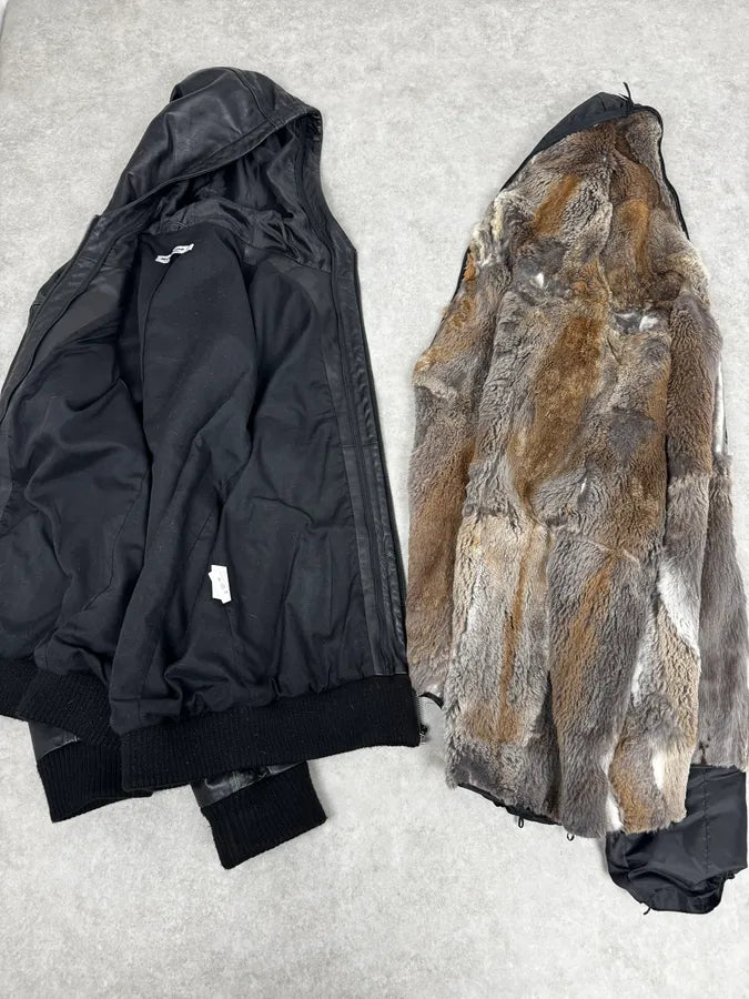 1990s Black Italian Leather Fur Hooded Jacket VRcpZXB 7