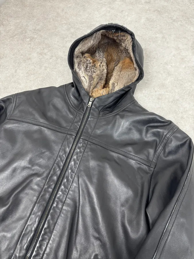 1990s Black Italian Leather Fur Hooded Jacket VRcpZXB 4