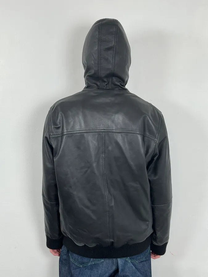 1990s Black Italian Leather Fur Hooded Jacket VRcpZXB 2
