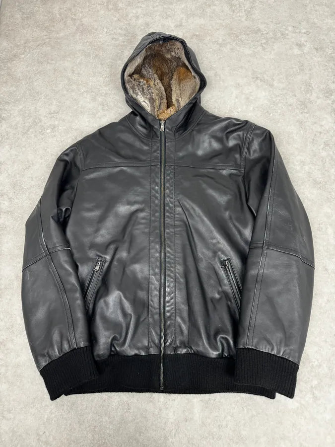 1990s Black Italian Leather Fur Hooded Jacket VRcpZXB 0