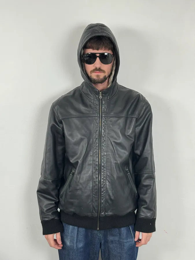 1990s Black Italian Leather Fur Hooded Jacket VRcpZXB 1