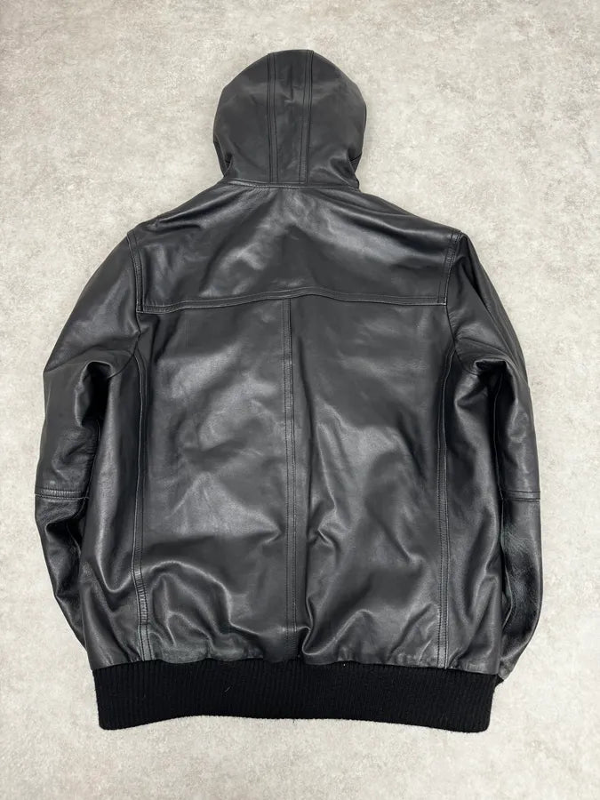 1990s Black Italian Leather Fur Hooded Jacket VRcpZXB 3