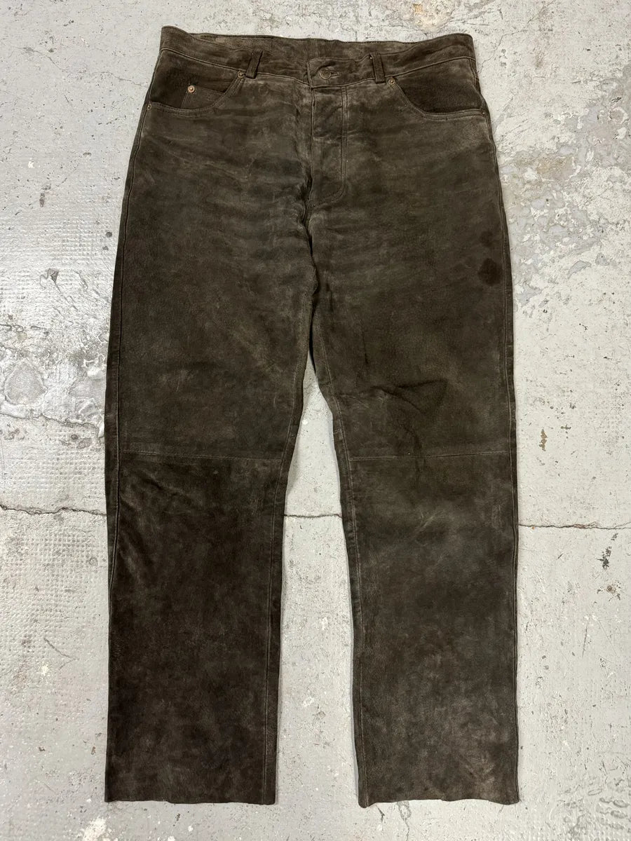 1990s Brown Italian Old Suede Leather Large Pants (L) gTSyRWc 0