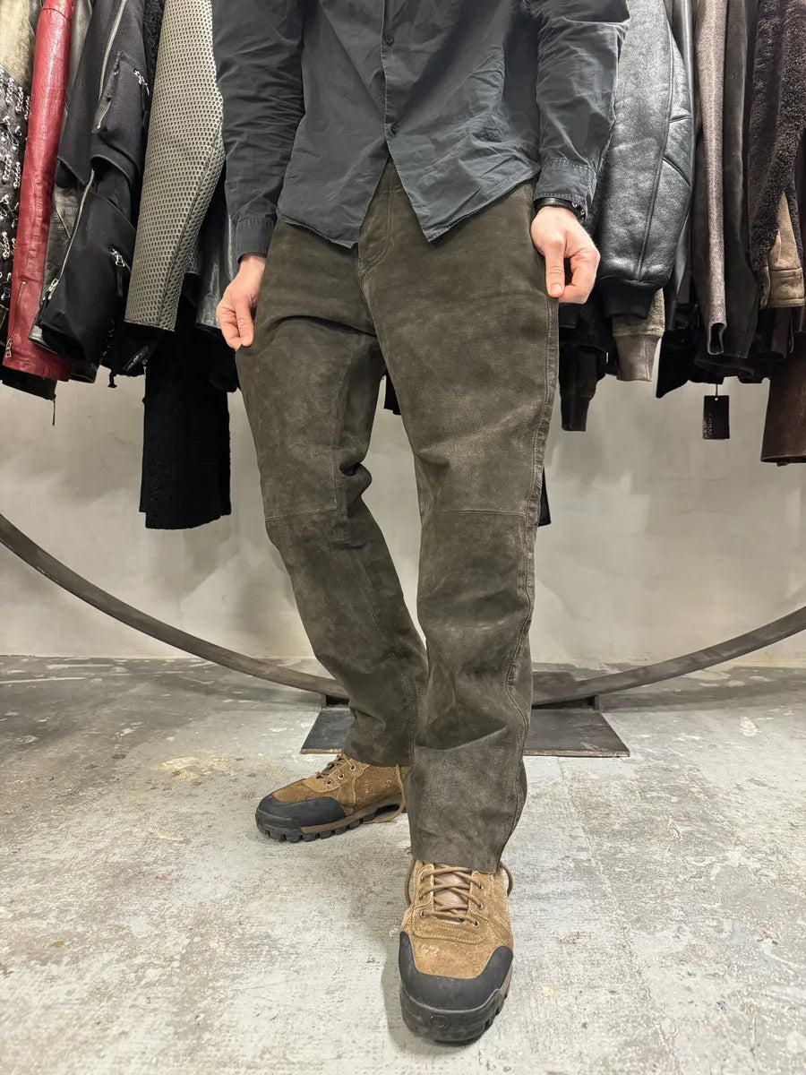 1990s Brown Italian Old Suede Leather Large Pants (L) gTSyRWc 1