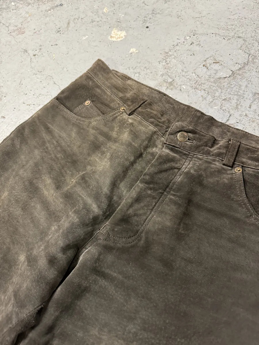 1990s Brown Italian Old Suede Leather Large Pants (L) gTSyRWc 10