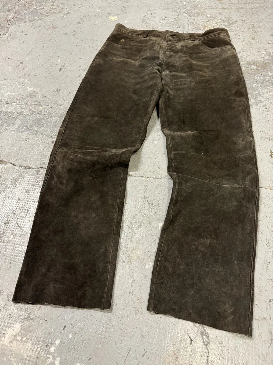 1990s Brown Italian Old Suede Leather Large Pants (L) gTSyRWc 11