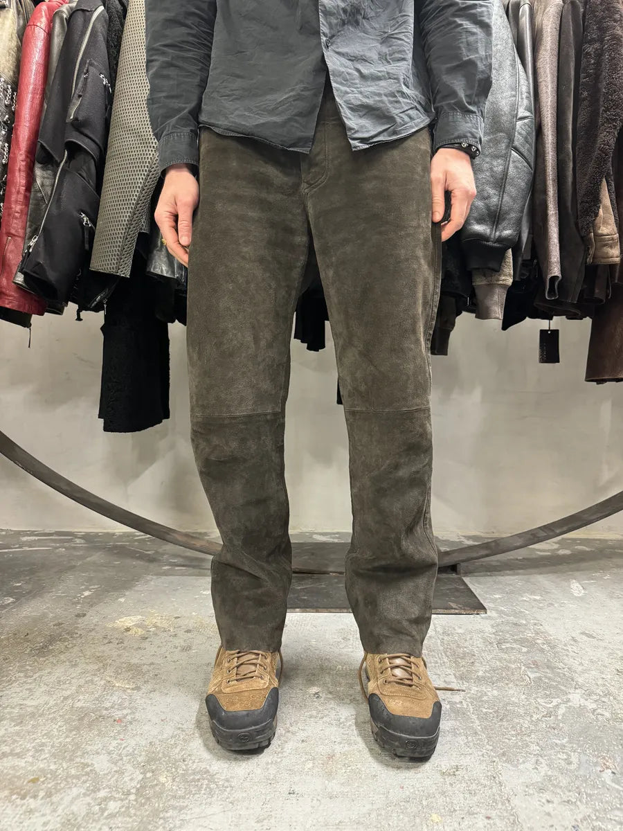 1990s Brown Italian Old Suede Leather Large Pants (L) gTSyRWc 3