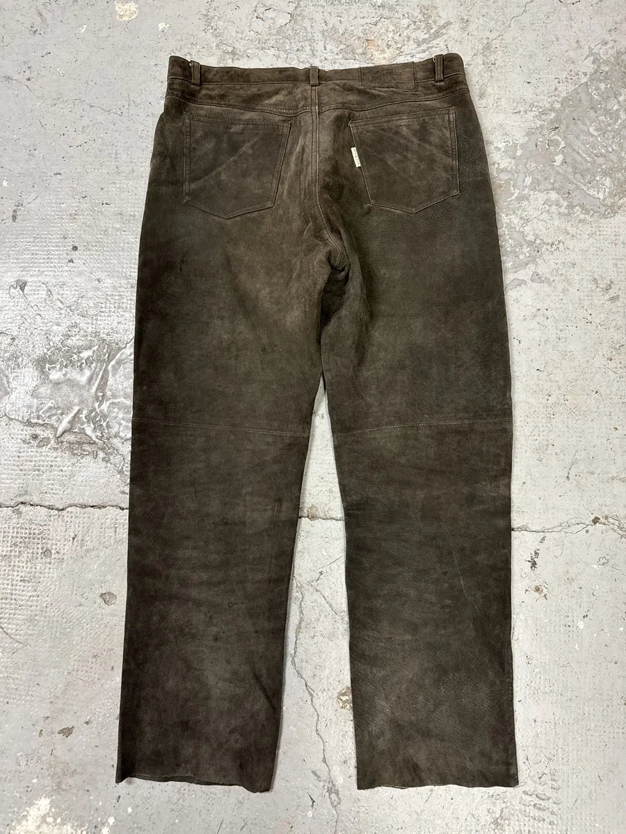 1990s Brown Italian Old Suede Leather Large Pants (L) gTSyRWc 4