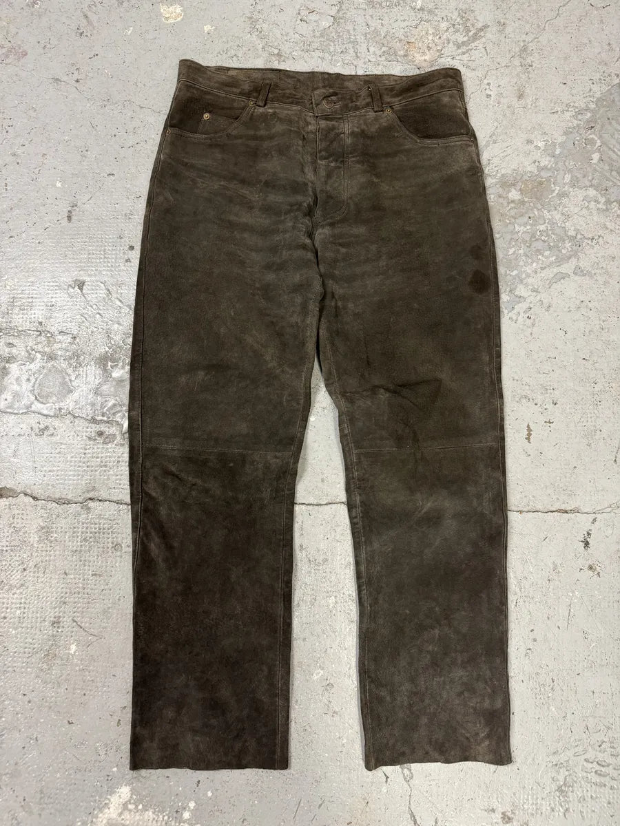 1990s Brown Italian Old Suede Leather Large Pants (L) gTSyRWc 5
