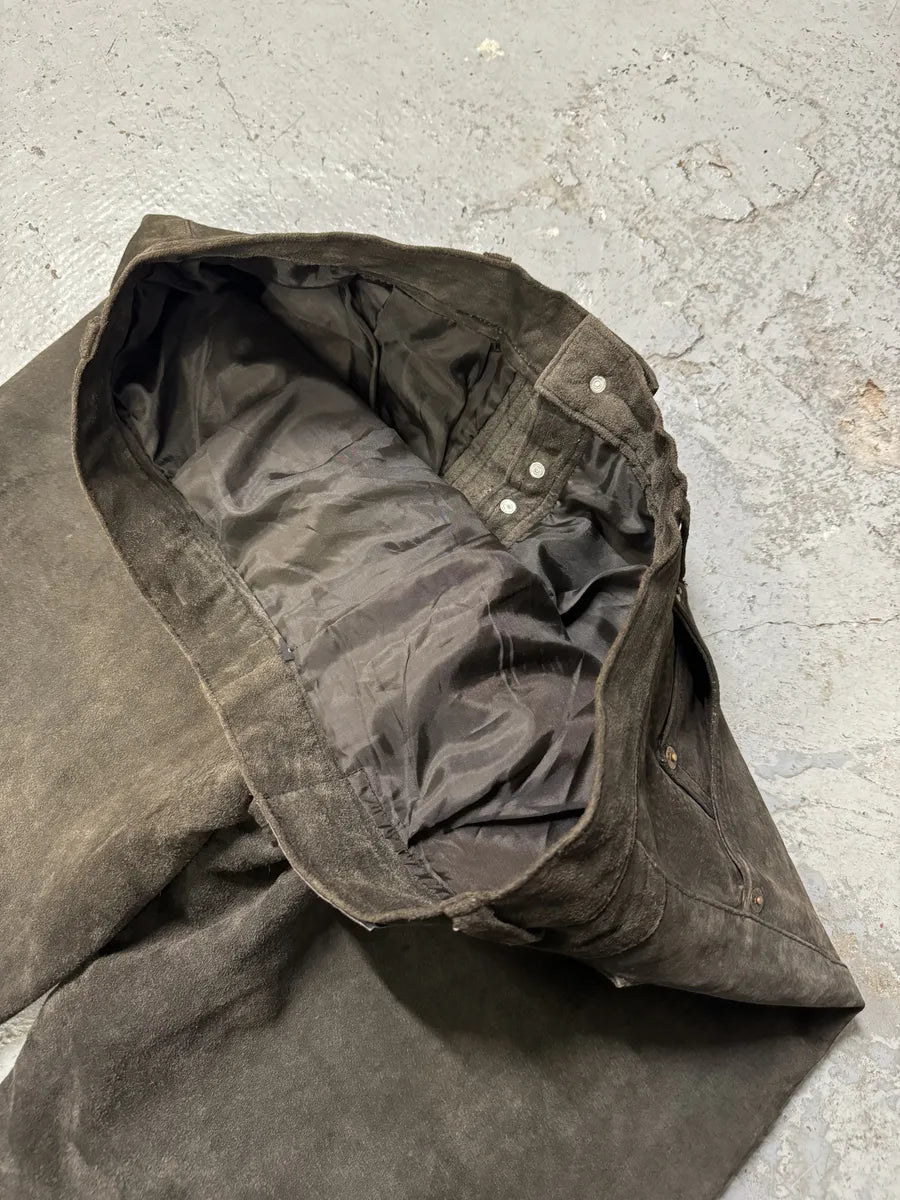 1990s Brown Italian Old Suede Leather Large Pants (L) gTSyRWc 6