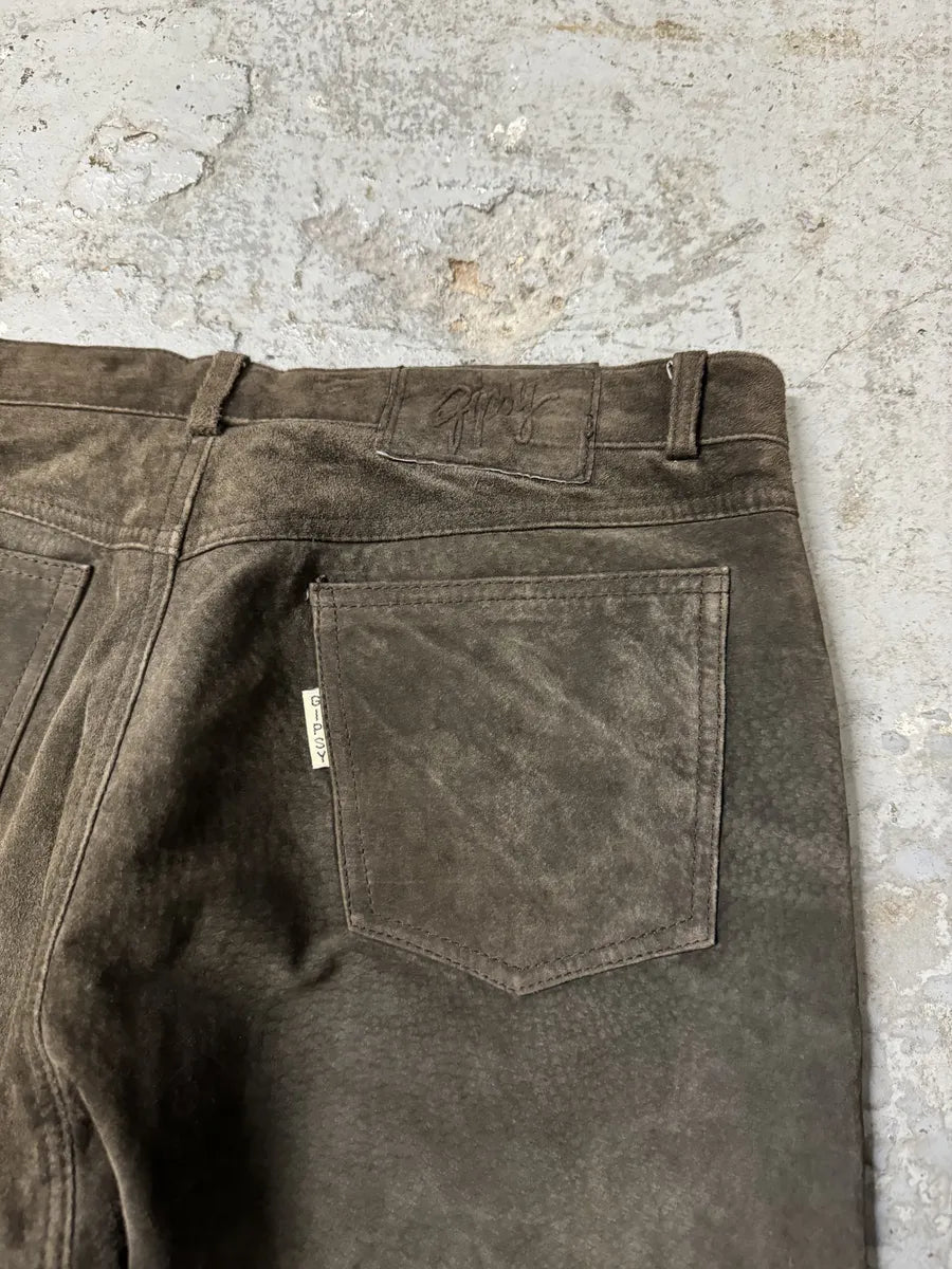 1990s Brown Italian Old Suede Leather Large Pants (L) gTSyRWc 7