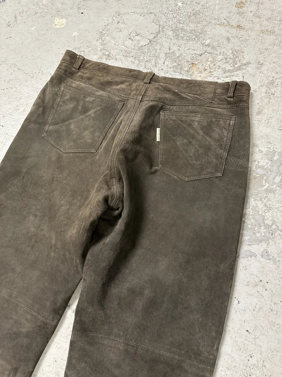 1990s Brown Italian Old Suede Leather Large Pants (L) gTSyRWc 9