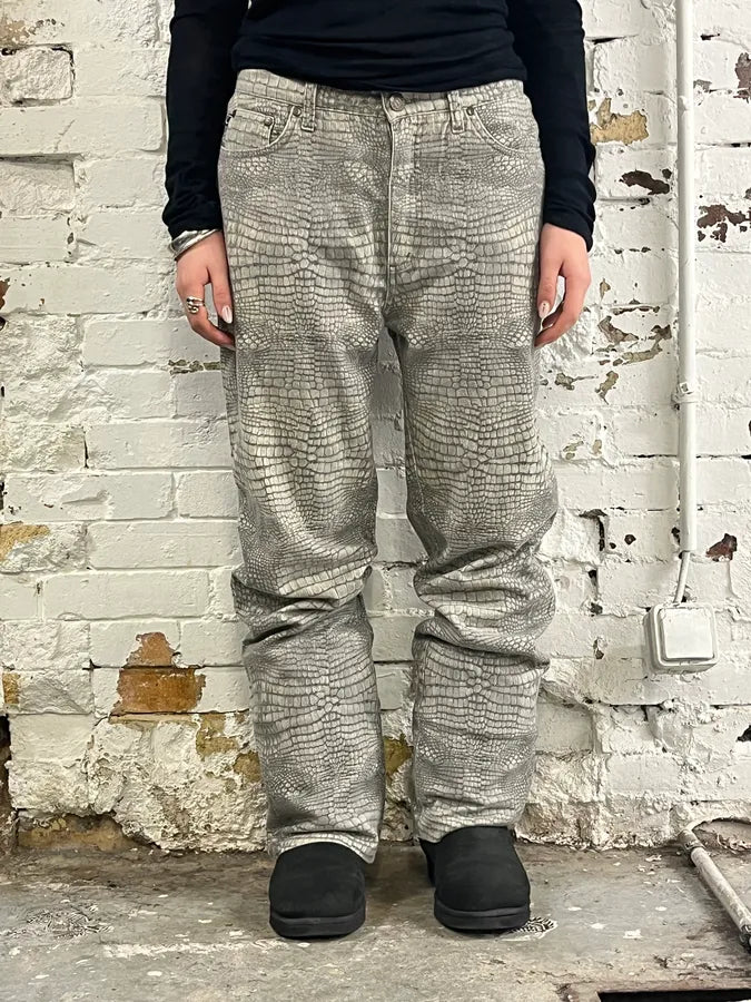 1990s Cavalli Crocodile Print Grey Pants qvkYicM 0