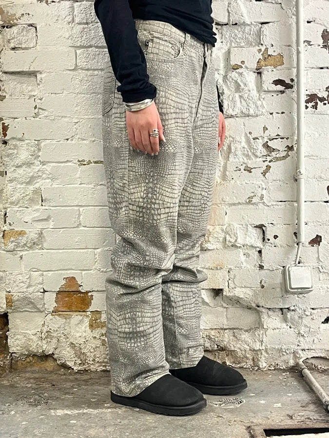 1990s Cavalli Crocodile Print Grey Pants qvkYicM 2