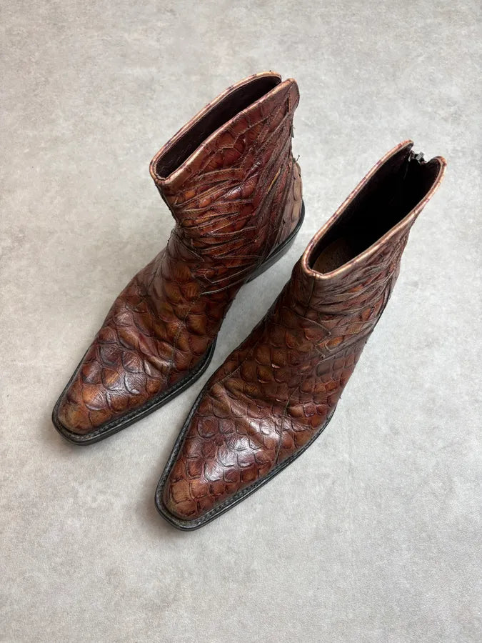 1990s Cesare Paciotti 4US Brown Leather Python Embossed Boots PocevDG 2