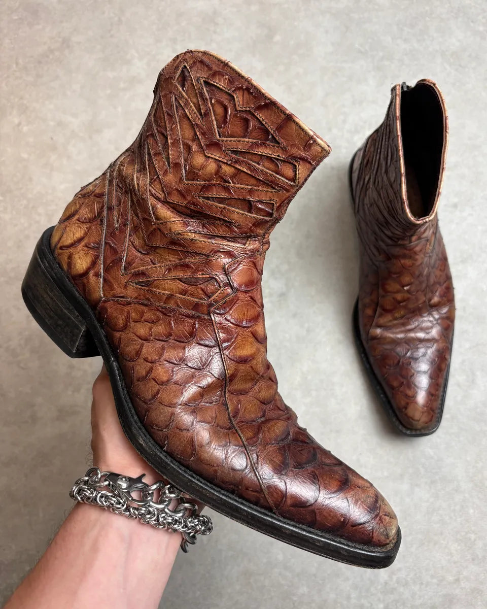 1990s Cesare Paciotti 4US Brown Leather Python Embossed Boots PocevDG 0