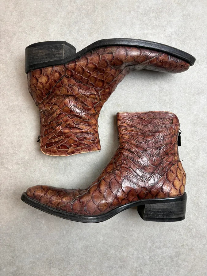 1990s Cesare Paciotti 4US Brown Leather Python Embossed Boots PocevDG 3