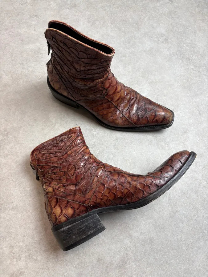 1990s Cesare Paciotti 4US Brown Leather Python Embossed Boots PocevDG 5